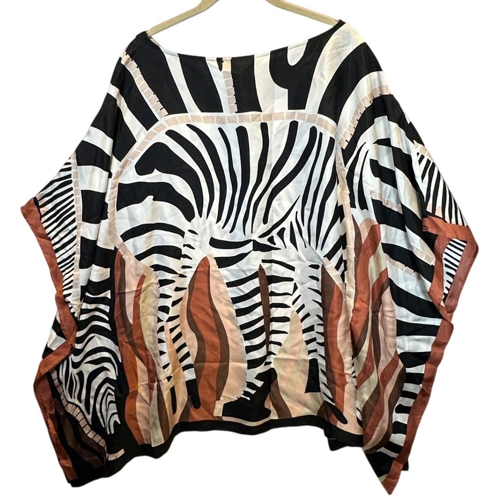 Chico's Silk Zebra Print Kaftan Top Black Brown White L/XL Poncho Blouse - Picture 2 of 9